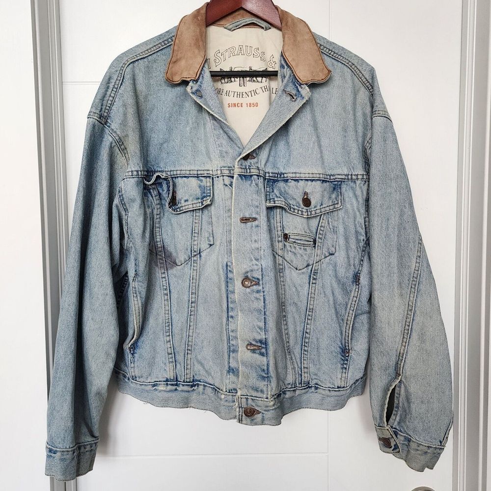 Levi's Jacket Mens Large Blue Denim Jean Button Up Leather Collar USA Made‎ L